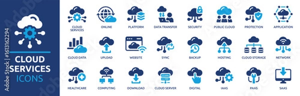 Fototapeta Cloud services icon set. Cloud computing, storage, hosting, sync, data transfer, cloud server, network, online, SAAS, digital and more. Solid vector icons collection.