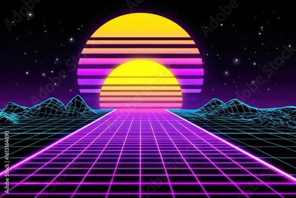 Fototapeta 80s Synthwave landscape with a gridded path