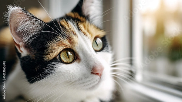 Obraz A close-up of a calico cat with green eyes. The cat has a mix of black, orange, and white fur. It is sitting by a window, looking outside.