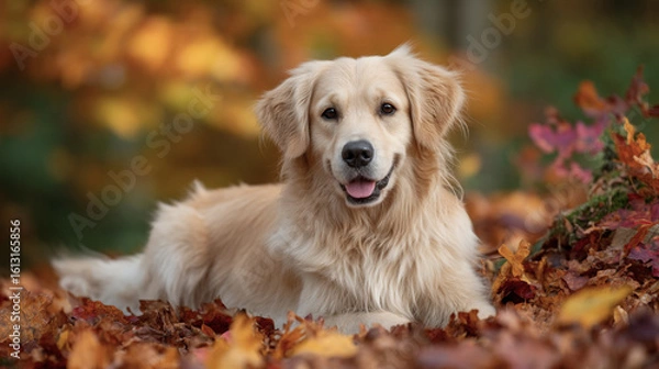 Obraz A golden retriever dog lies on colorful autumn leaves in a forest setting. The dog has a friendly expression and a thick, wavy coat.
