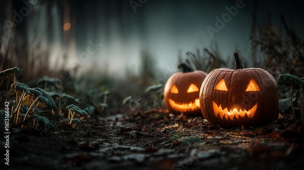 Obraz Two carved pumpkins with glowing faces sit on a forest floor covered in leaves. The background is dark and misty, creating a spooky atmosphere.