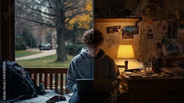 Fototapeta Split image of student studying indoors and looking outdoors