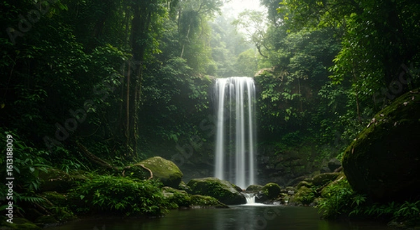 Fototapeta Cascading Waterfall Amidst Lush Greenery in a Serene Natural Landscape