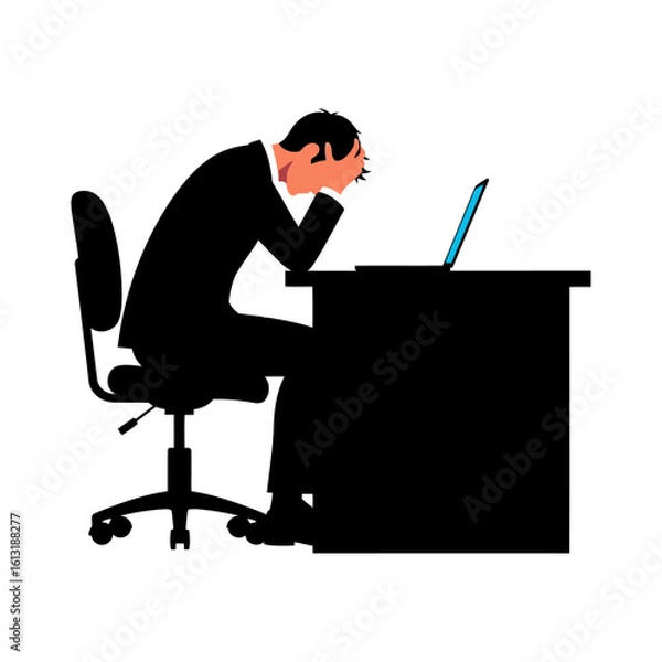 Fototapeta Vector art of a stressed businessman sits at his desk with his head in his hands, isolated on white background