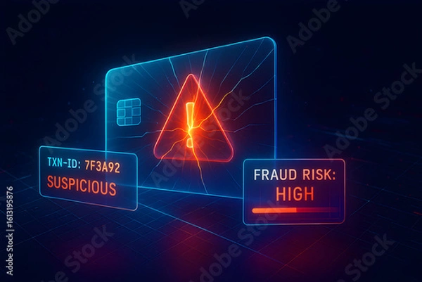Obraz Futuristic interface showing warning icon with "Fraud Risk: High" and suspicious activity text, ideal for fintech or fraud detection themes.
