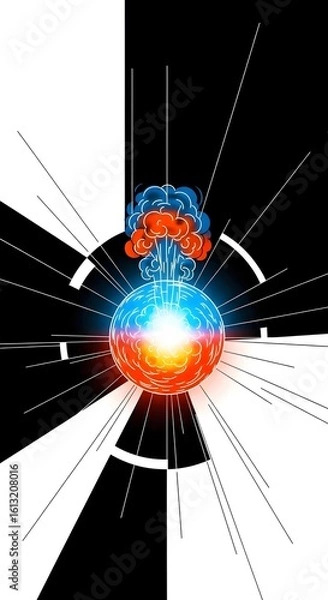 Fototapeta Abstract, minimalist illustration of a nuclear bomb, dynamic composition, clean lines, vibrant color palette. atomic bomb, explosion, weapon, war, dynamic, clean lines, vibrant colors, modern art

