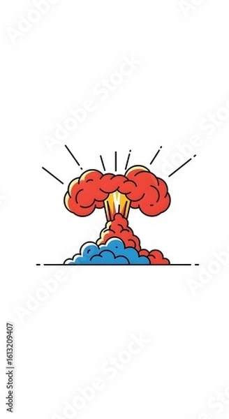 Fototapeta Abstract, minimalist illustration of a nuclear bomb, dynamic composition, clean lines, vibrant color palette. atomic bomb, explosion, weapon, war, dynamic, clean lines, vibrant colors, modern art

