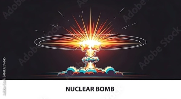 Fototapeta Abstract, minimalist illustration of a nuclear bomb, dynamic composition, clean lines, vibrant color palette. atomic bomb, explosion, weapon, war, dynamic, clean lines, vibrant colors, modern art


