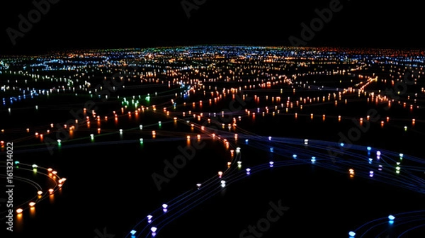 Fototapeta Night city lights, glowing network of connections.  Abstract view of urban lights connected by glowing trails