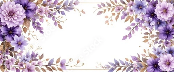 Fototapeta Floral Border Design with Watercolor Lilac and Violet Flowers, Metallic Gold Leaves and Whimsical Vines, Centered on a Clean White Background with a Fine Gold Outline