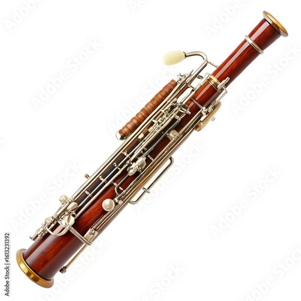 Fototapeta A rich, dark wood bassoon with polished metal keys is showcased isolated on a crisp white background