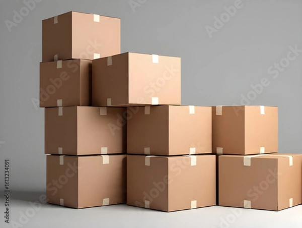 Fototapeta Stacked Cardboard Boxes with Tape Delivery or Storage in Studio Setting