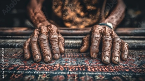 Fototapeta Elderly Hands Resting on Traditional Rug with Wooden Stick in Warm Lighting