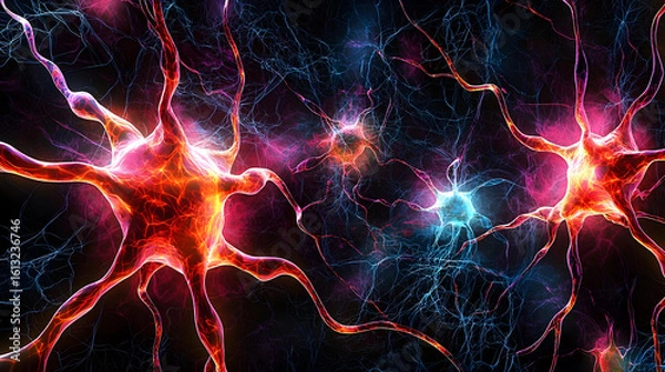 Fototapeta Complex network of neurons, vibrant colors,  showcasing intricate neural connections
