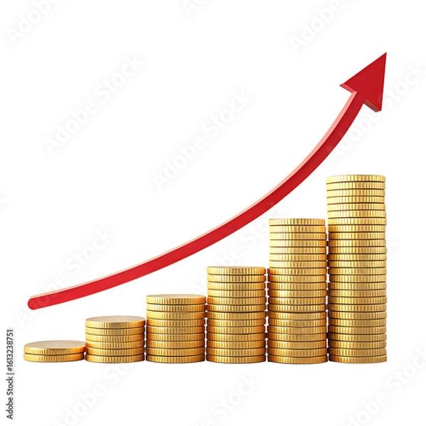 Obraz Ascending stacks of gold coins with a red arrow pointing upwards isolated on transparent background