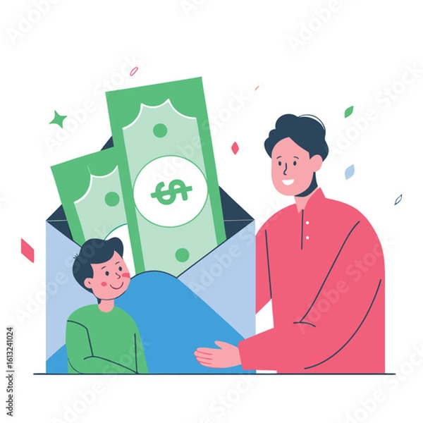 Obraz Father happily gives his son money in an envelope symbolizing financial education and family support