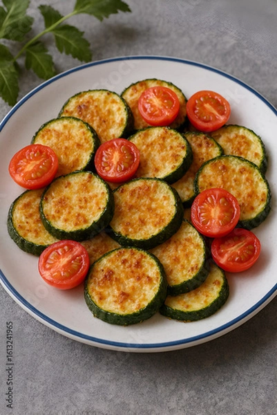 Obraz ズッキーニとミニトマトのグリルサラダ｜香ばしく焼き上げた輪切りズッキーニと鮮やかな赤いトマトが映える、白いプレートに盛り付けた夏の彩り野菜料理