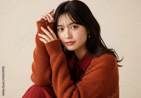 Obraz 深まる秋のファッション、赤茶色のニットセーターとダークレッドのブラウスを着た女性ファッションモデル