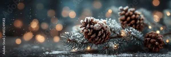 Fototapeta Snow-covered pinecones on a winter evening with warm lights in the background creating a cozy atmosphere