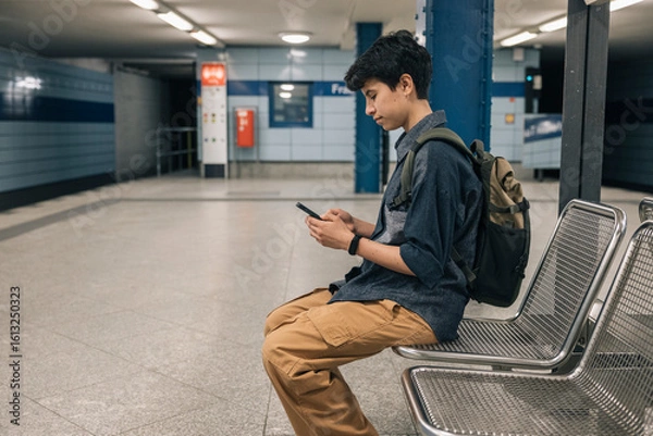 Fototapeta Young student girl using smartphone while waiting for subway train
