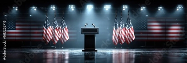 Fototapeta Podium set for political speech surrounded by American flags at a venue illuminated by dramatic lighting
