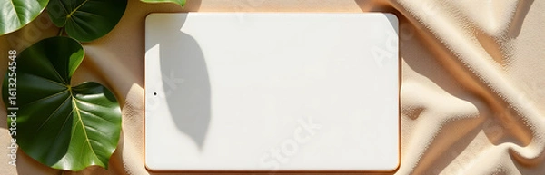 Fototapeta sleek white tablet sits atop warm beige fabric backdrop surrounded lush green leaves cascade one side soft natural