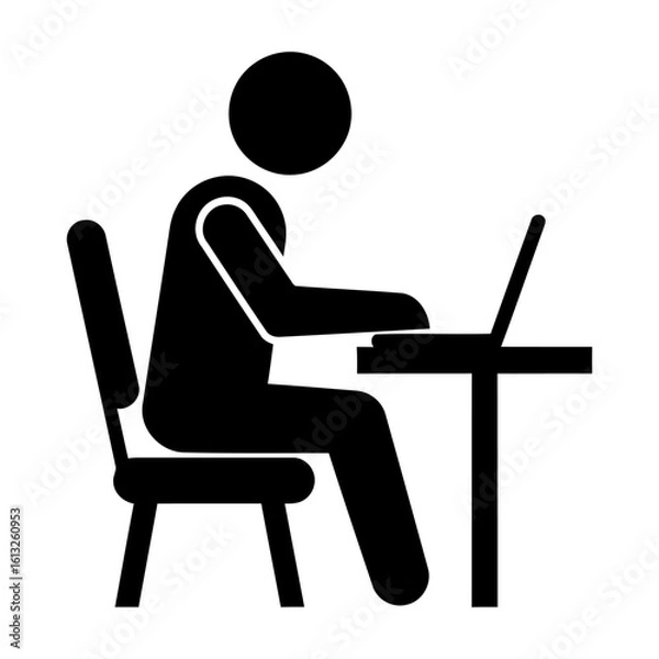 Fototapeta Simple Black Pictogram: Person Working at Desk on Laptop, Professional, Minimalist Style