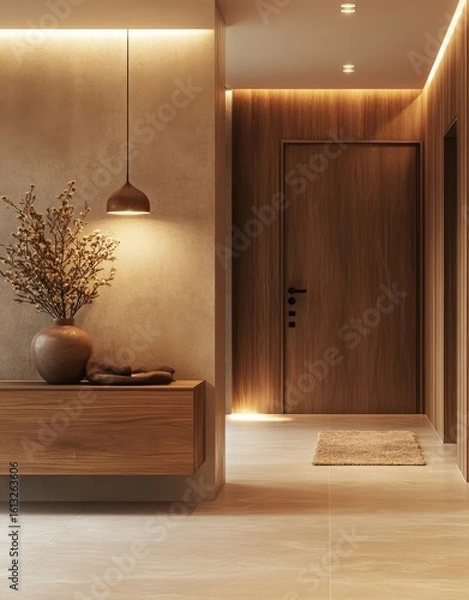 Fototapeta Contemporary hallway interior with a wooden sideboard and accent lighting, rendered in 3D with a focus on style and functionality, Generative AI