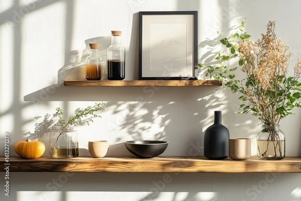 Fototapeta Shelf with modern decor and a mock-up poster placed on the wall, designed to show off a contemporary, clean interior, Generative AI