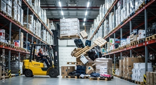 Fototapeta Dangerous warehouse incident with forklift dropping pallets and cargo, emphasizing safety risks in logistics.