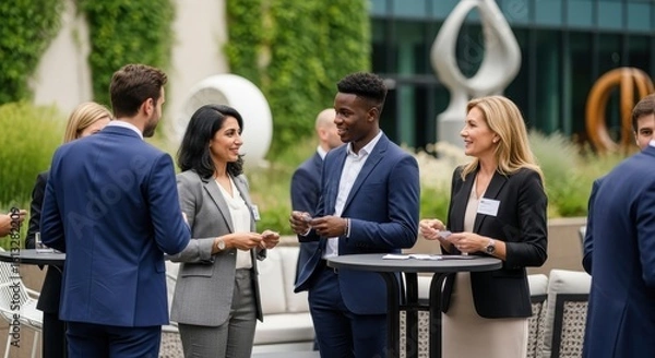 Fototapeta Diverse business professionals networking at an outdoor corporate function on a terrace.