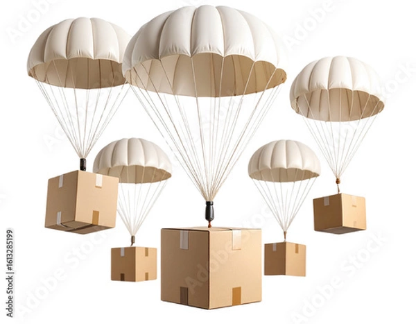 Obraz  Set of Cardboard Boxes Suspended on White Parachutes, Floating Isolated on Transparent Background PNG