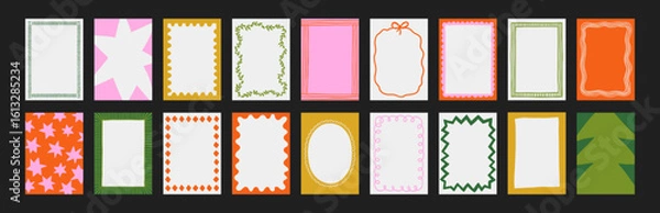 Fototapeta A trendy collection of vector frames and backgrounds with hand-drawn borders, abstract wavy lines retro-inspired patterns. Frames in playful colors. For invitations, posters, social media templates