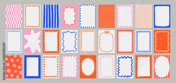 Fototapeta A trendy collection of vector frames and backgrounds with hand-drawn borders, abstract wavy lines retro-inspired patterns. Frames in playful colors. For invitations, posters, social media templates