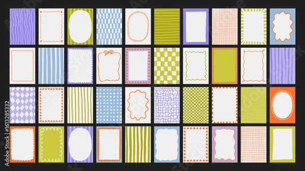 Fototapeta A trendy collection of vector frames and backgrounds with hand-drawn borders, abstract wavy lines retro-inspired patterns. Frames in playful colors. For invitations, posters, social media templates