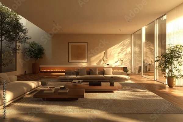 Fototapeta Interior of a modern living room, rendered in 3D to highlight sleek furniture and spacious design, Generative AI