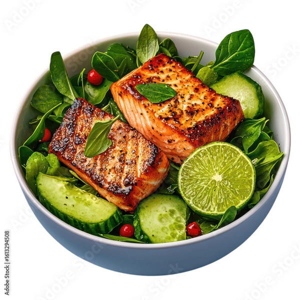 Obraz Grilled Salmon Fillets with Fresh Salad Greens and Lime, isolated on transparent background.