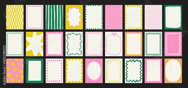 Fototapeta Set of hand-drawn frames with wavy squiggle curly ribbons and backgrounds with hand-drawn borders, abstract wavy lines retro-inspired patterns. For invitations, posters, social media templates

