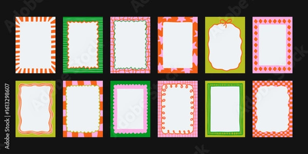 Fototapeta Set of hand-drawn frames with wavy squiggle curly ribbons and backgrounds with hand-drawn borders, abstract wavy lines retro-inspired patterns. For invitations, posters, social media templates

