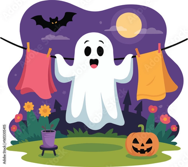 Fototapeta Halloween Ghost with Laundry and Pumpkin Under the Moonlight