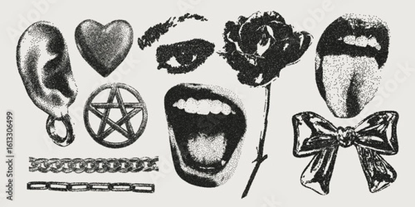 Fototapeta Stippling halftone collage set with retro elements. Grungy punk aesthetic perfect for zines, posters, DIY flyers, tattoo, graphics, album art