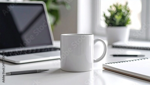 Fototapeta Corporate mockup of a company-branded coffee mug on a modern office desk with a laptop and notebook. Branding template.

