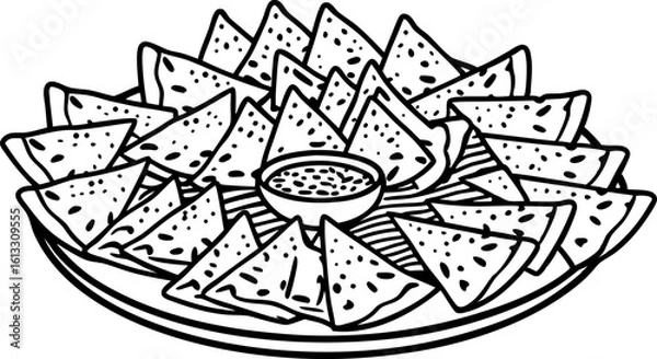 Fototapeta Triangular tortilla chips arranged on a round plate with dipping sauce in the center, snack appetizer concept