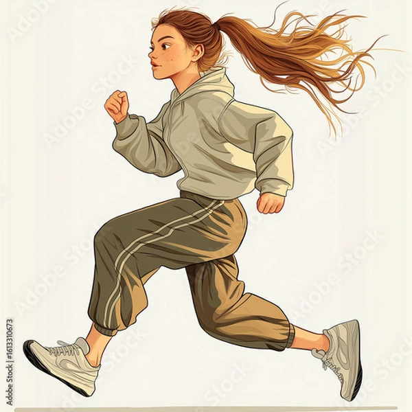Fototapeta Young woman with determined expression is running energetically, wearing hoodie and joggers. Her long hair flows behind her as she moves forward, showcasing athleticism and focus