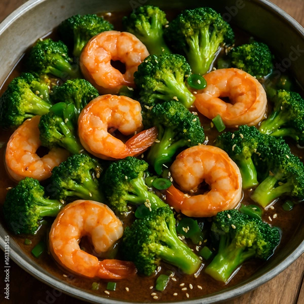 Obraz エビとブロッコリーの炒め物｜鮮やかなピンクの海老と緑のブロッコリーが交互に並ぶ、美しく照りのある胡麻風味の中華風おかず｜木製テーブルにて
