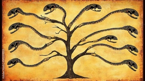 Fototapeta Evolutionary tree with twelve branches ending in anteater skulls against cave art.