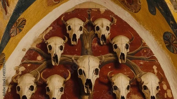 Fototapeta Evolutionary tree with twelve branches ending in anteater skulls against cave art.