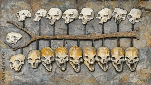Fototapeta Evolutionary tree with twelve branches ending in anteater skulls against cave art.