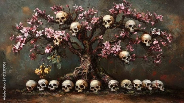 Fototapeta Evolutionary tree with twelve branches ending in anteater skulls against cave art.