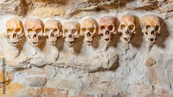 Fototapeta Evolutionary tree with twelve branches ending in anteater skulls against cave art.